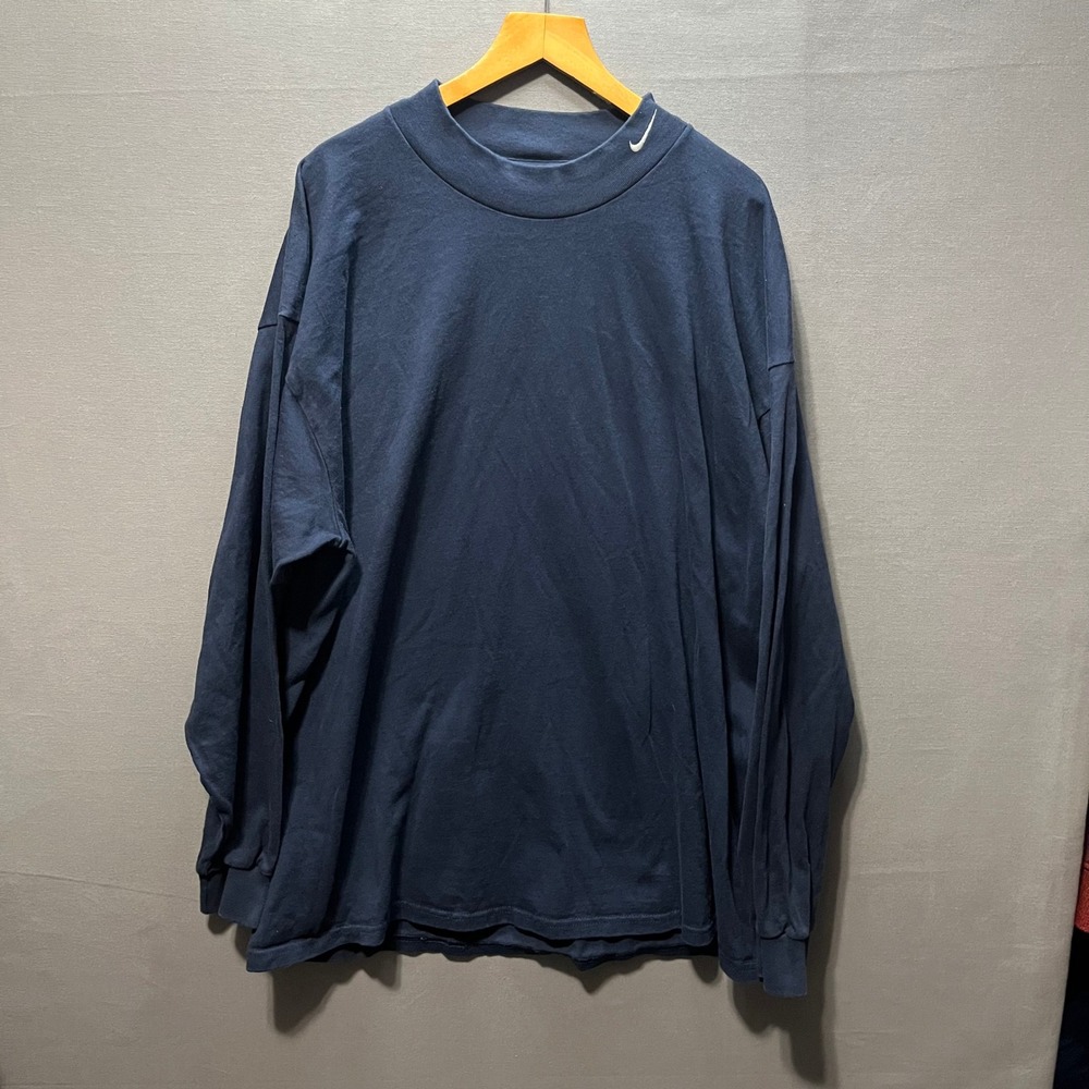 Nike Vintage Mock Neck Long Sleeve Shirt Navy Blue Embroidered Swoosh XXL Mens